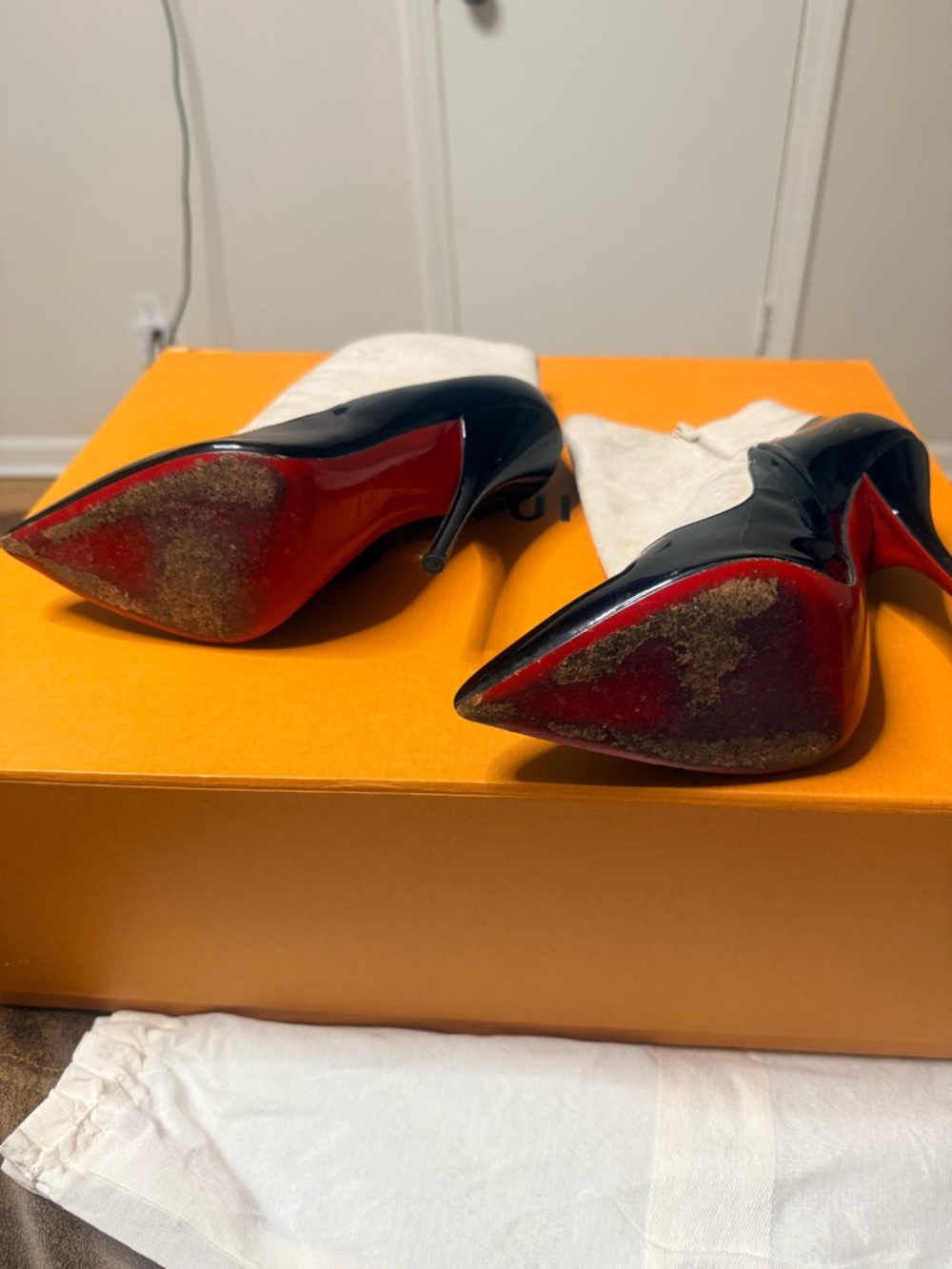 Christian Louboutin Black Patent and Cream Suede Ankle Boots - Picture 4 of 4